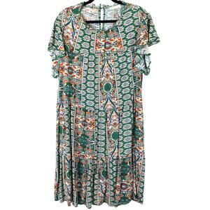 Kirundo Green Orange Paisley Dress Flutter Sleeve Tiered Boho Peasant Plus 2XL